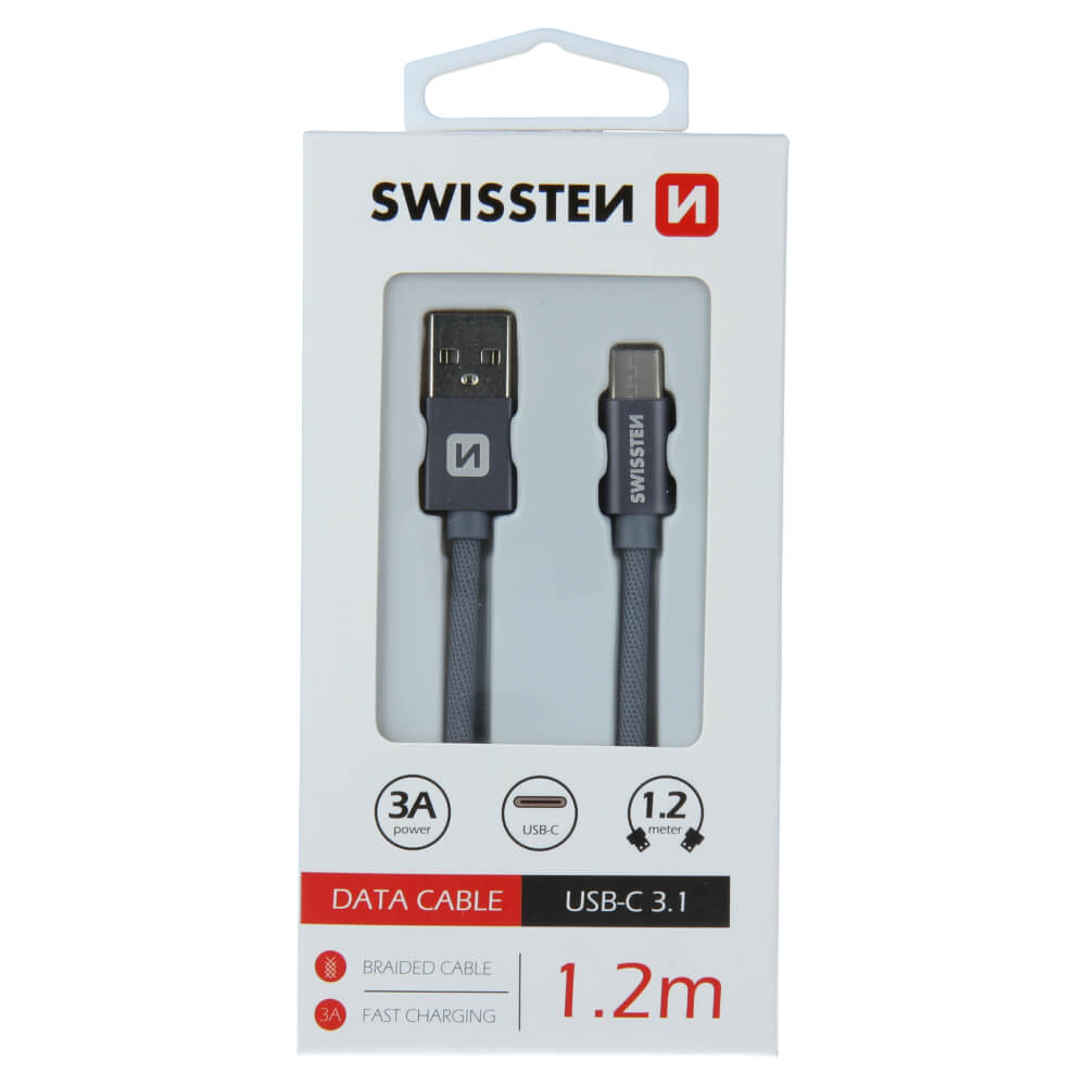Textilný dátovy kábel Swissten USB / USB-C 1,2 M - šedý